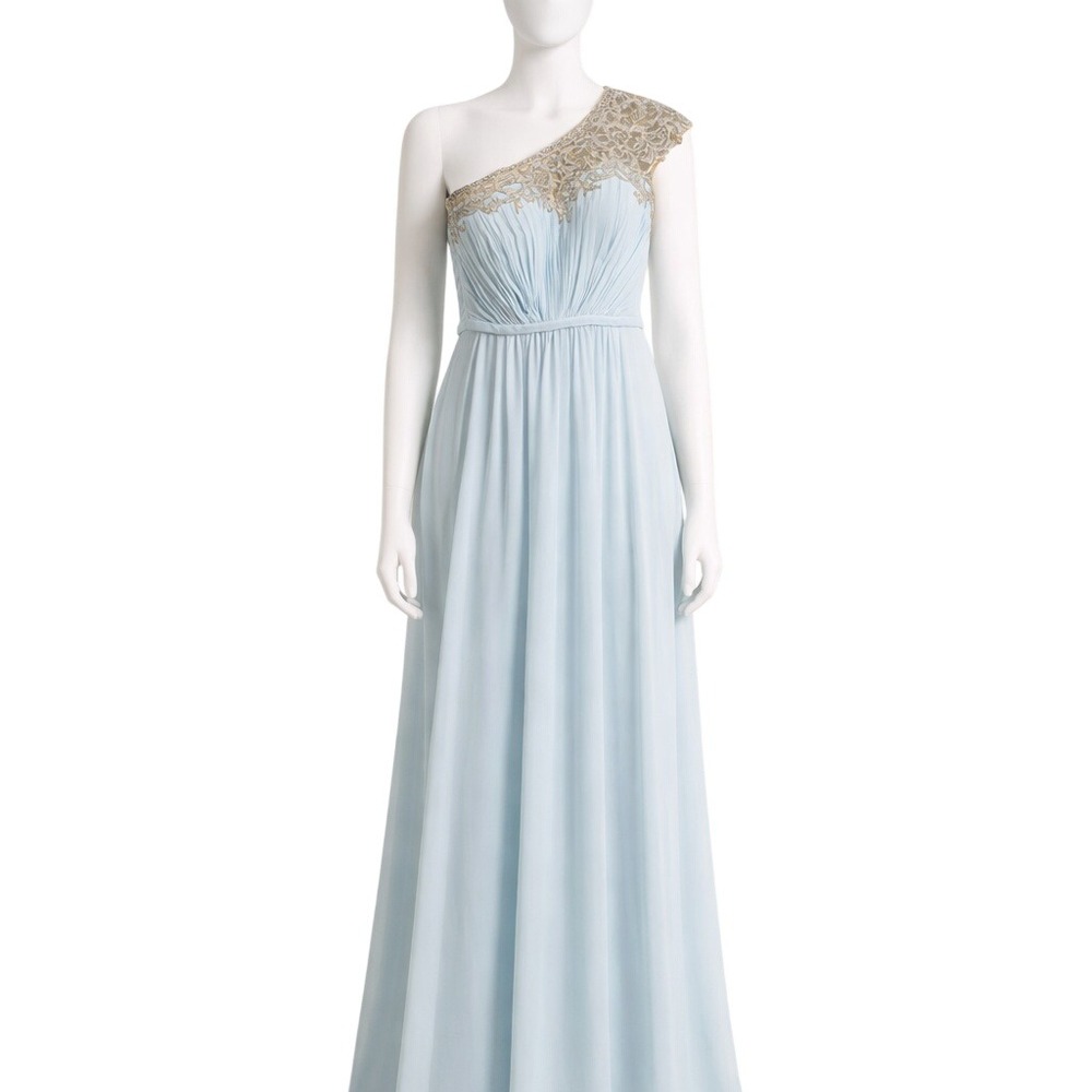 La Femme One-Shoulder Light Blue Evening Gown with Gold Embellishment